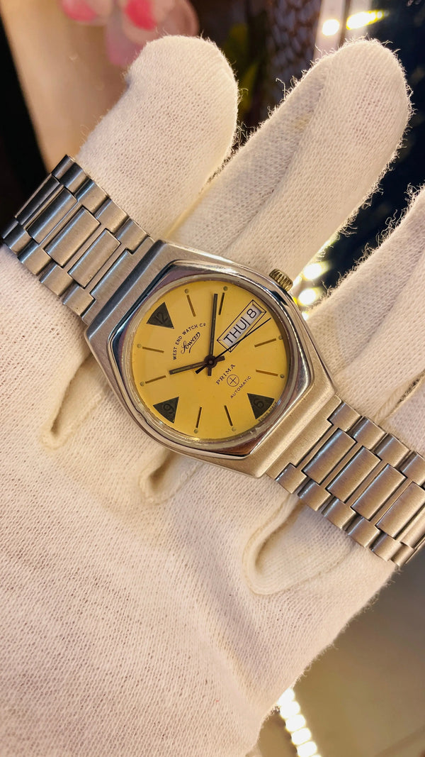 Vintage West End Sowar Prima Automatic Watch Yellow Dial Swiss Made Day Date Rare Collectible National Watches