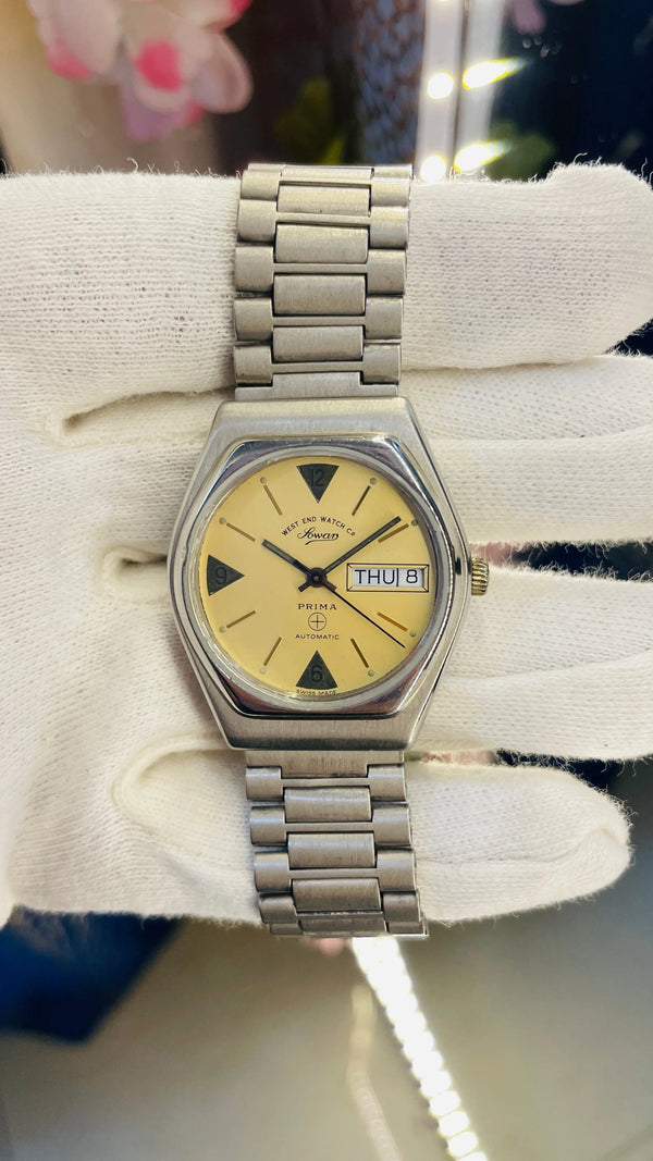 Vintage West End Sowar Prima Automatic Watch Yellow Dial Swiss Made Day Date Rare Collectible National Watches
