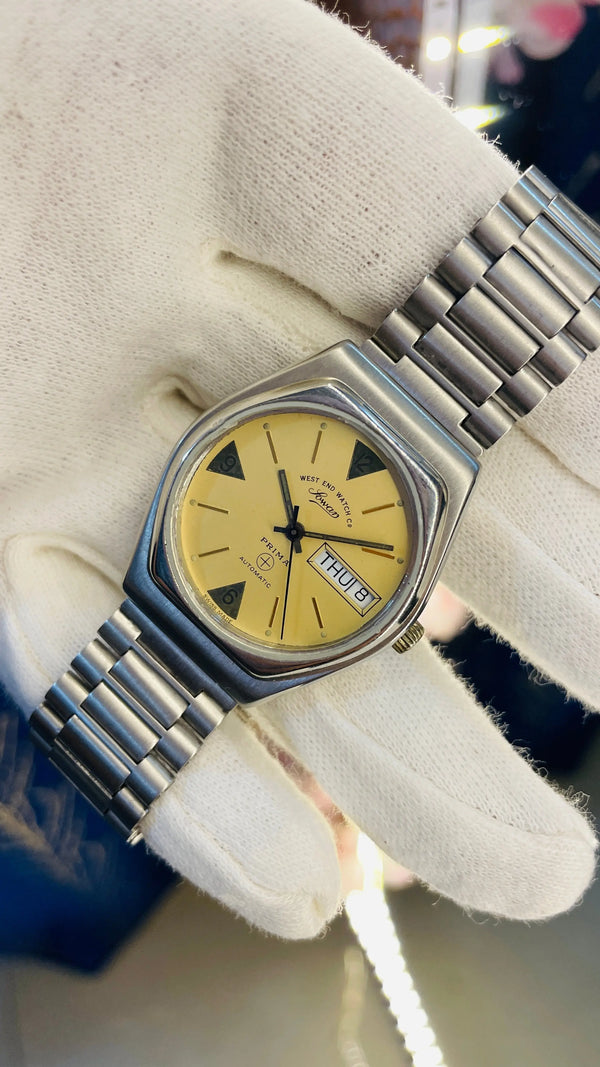 Vintage West End Sowar Prima Automatic Watch Yellow Dial Swiss Made Day Date Rare Collectible National Watches