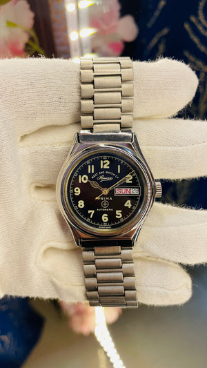 Vintage West End Prima Automatic Watch Black Dial Day Date Swiss Made Military Style National Watches
