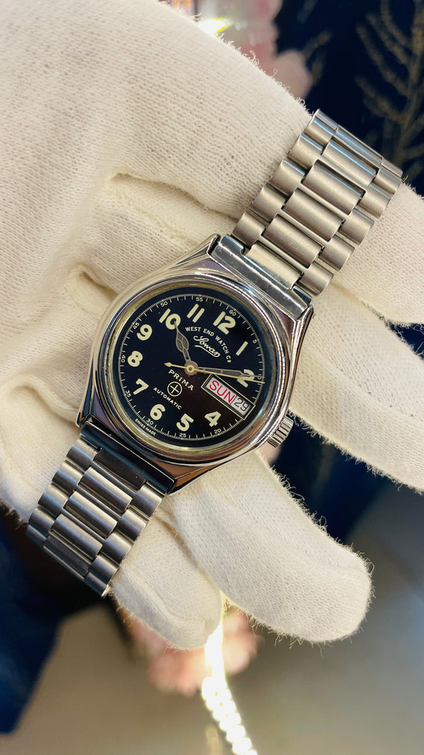 Vintage West End Prima Automatic Watch Black Dial Day Date Swiss Made Military Style National Watches