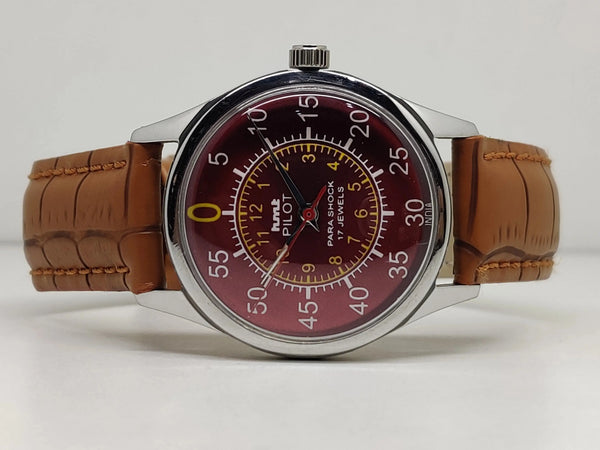 Hmt Pilot Mechanical Handwinding Movement leather Jewels Analog Dial Wrist Watch For Me - National Watches