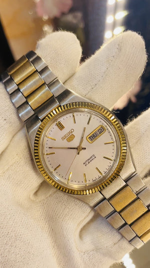 Seiko 5 Vintage Automatic Watch – White Dial Fluted Gold Bezel | 21 Jewels | Luxury Dress Style