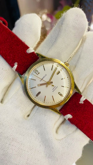 Vintage Caravelle Dress Watch – Gold Tone White Dial Classic Minimal Watch with Leather Strap