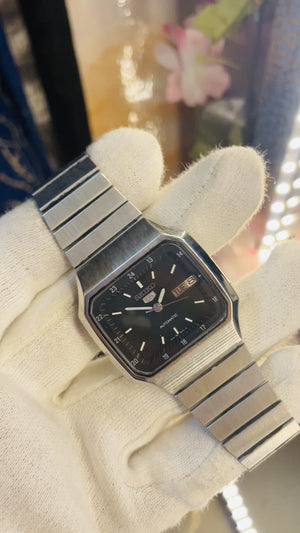 Seiko 5 Automatic Vintage Watch – Square Black Dial 24-Hour | 17 Jewels | Rare Retro Classic