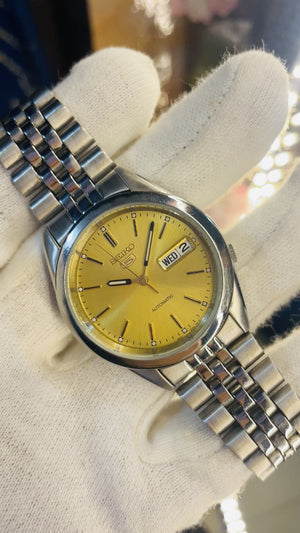 Seiko 5 Vintage Automatic Watch – Yellow Dial | 21 Jewels | Jubilee Bracelet | Luxury Retro Style