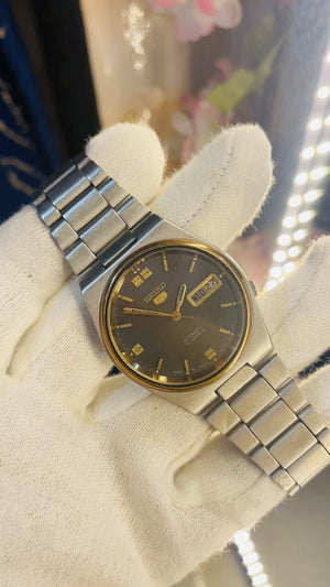 Seiko 5 Vintage Automatic Watch – Grey Dial Gold Accents | 21 Jewels | Day-Date | Rare Luxury Classic